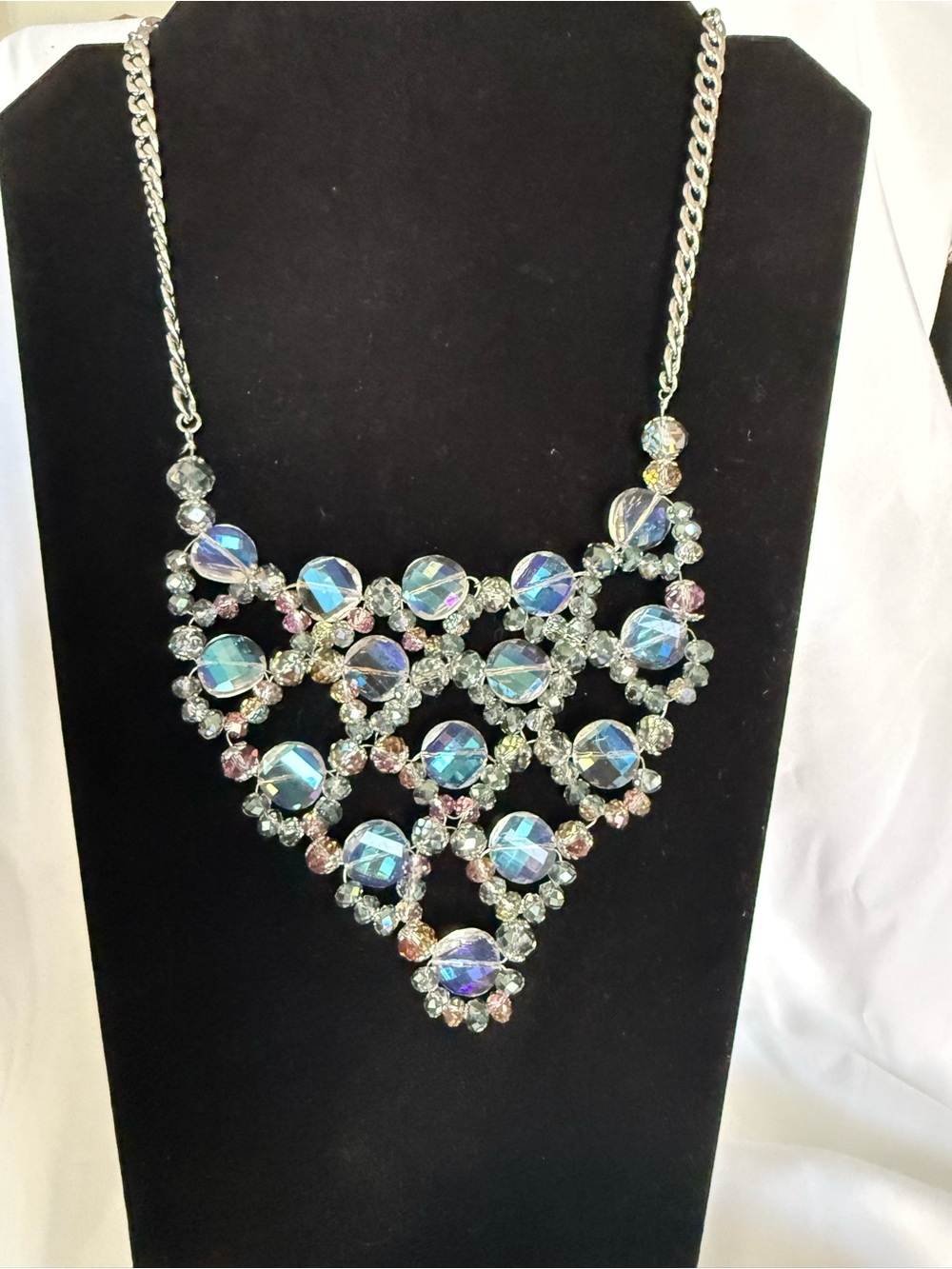 ViVi Iridescent Crystal Lattice Statement Bib Necklace Aurora Borealis